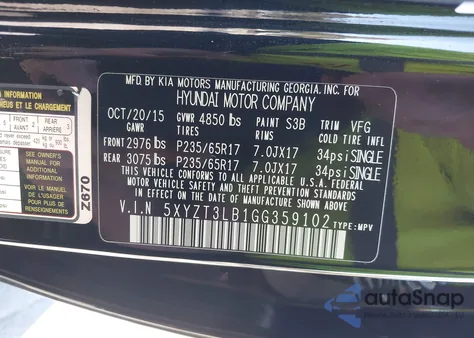 2016 Hyundai Santa Fe Sport 2.4L z USA, uszkodzony, nr VIN 5XYZT3LB1GG359102